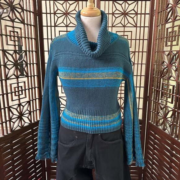 Free People Close To Me Blue Striped Bell Sleeve Turtleneck Sweater SM - Picture 1 of 8